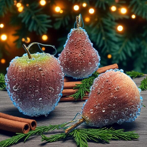 Fruit Ornaments Apple Pear Set • Faux Sugar Crystal Christmas Tree Decor • Vinta - Picture 1 of 8